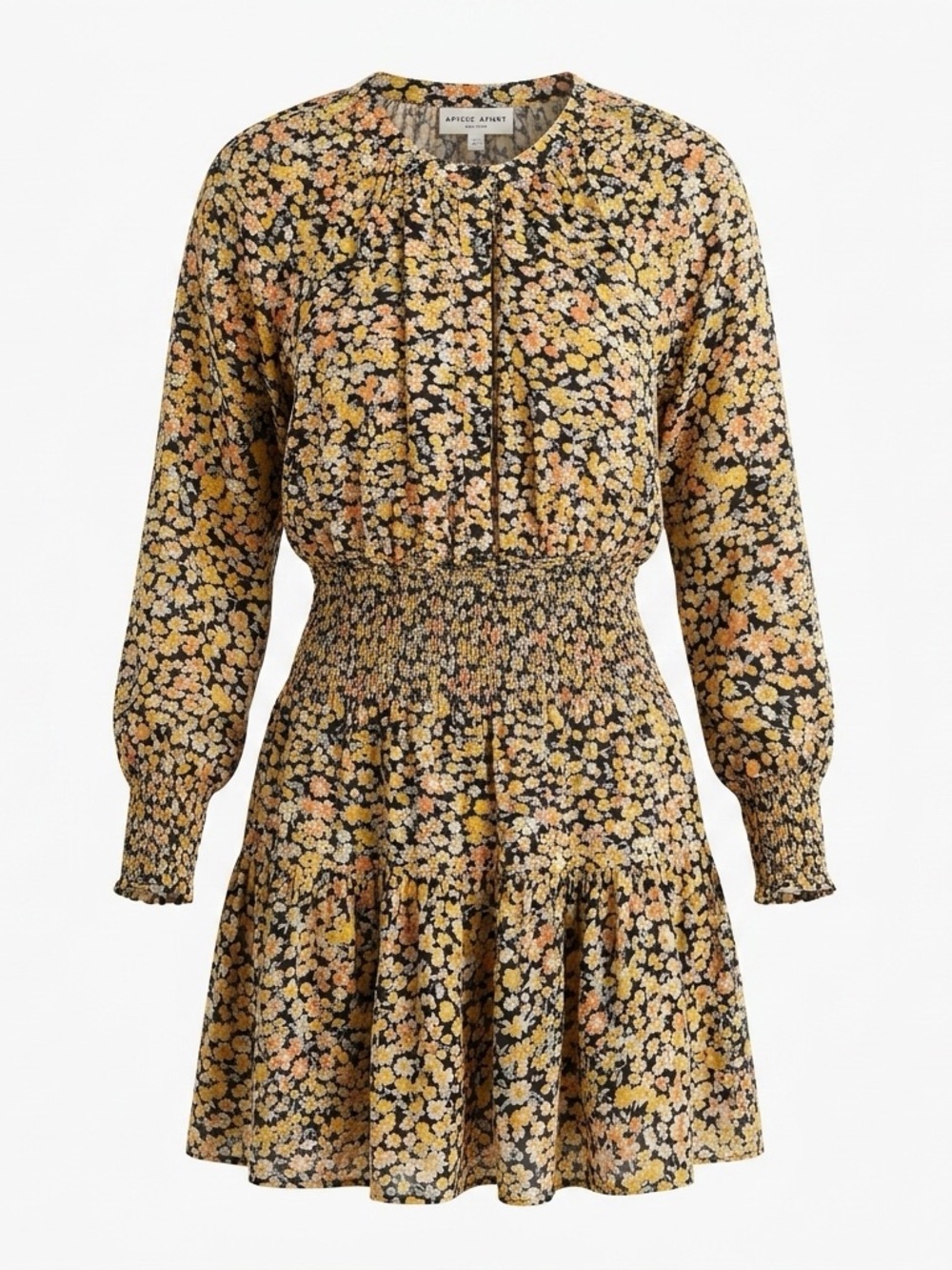 Smocked Floral Long-Sleeve Mini Dress - Yellow/Black